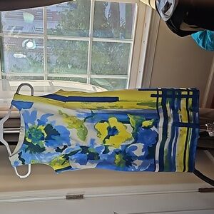 CHETTA B FLORAL WATERCOLOR DRESS GREEN BLUE YELLOW SHIFT MIDI DRESS SIZE 6